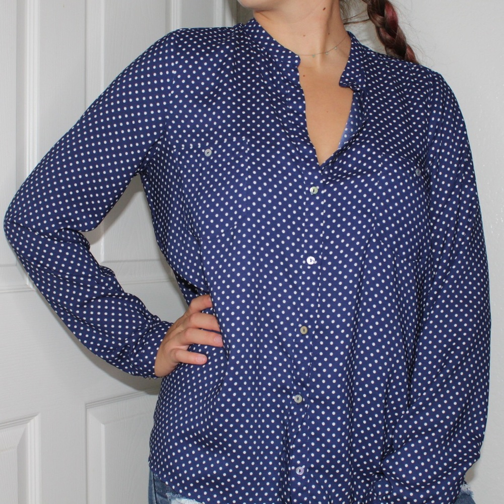 Blue, white polka dots button up blouse